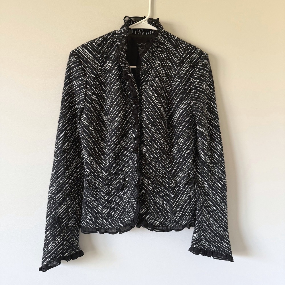 ECI New York Black White Chevron Tweed Ruffle Blazer Silk Trim Wool Blend Size 8